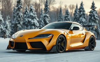 Картинка машина, спорткар, зима, снег, Toyota, оранжевый, пейзаж, авто, тюнинг, природа