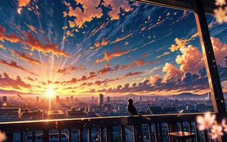 Картинка рисованные, арт, город, здания, вечер, закат, заход, небо, облака, туча, облако, тучи, птица, рисунок