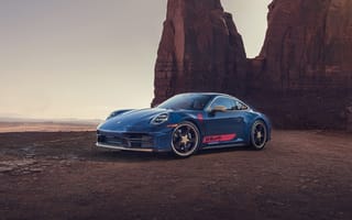 Картинка автомобиль, Porsche, синий, пейзаж, скала, дорога, природа, спорткар