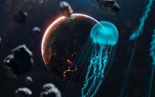 Картинка космос, мир, медуза, астероиды, галактика, свет, фантазия, планета, океан, космический