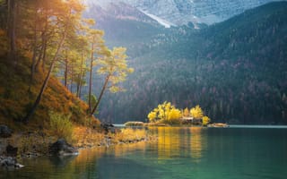 Картинка природа, озеро, горы, осень, пейзаж, деревья, остров