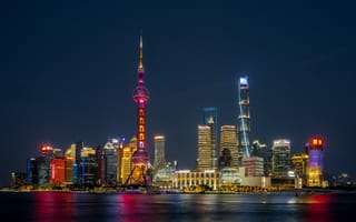 Картинка Шанхай, Китай, город, города, здания, ночной город, ночь, огни, подсветка