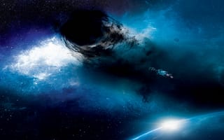 Картинка Чёрная дыра,  Космический,  Дыра,  Чёрная,  Галактика,  Свечение,  Планеты,  Корабль,  Космос,  Звёзды