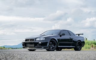 Картинка Skyline R34, Skyline, R34, машины, машина, тачки, авто, автомобиль, транспорт, вид сбоку, сбоку, черный