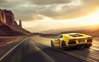 Картинка Lamborghini, Ламборджини, Ламборгини, люкс, дорогая, машины, машина, тачки, авто, автомобиль, транспорт, пустыня, песок, песчаный, гора, дорога, скорость, быстрый, желтый