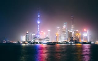 Картинка Шанхай, Китай, города, здания, дома, город, ночь, ночной город, огни, подсветка, отражение