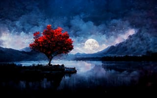 Картинка дерево, рисованные, арт, вода, озеро, пруд, свечение, ночь, луна