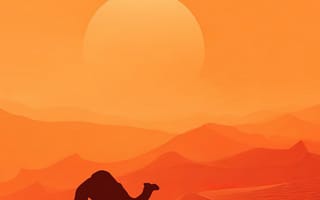 Картинка пустыня, верблюд, закат, пейзаж, солнце, песок, природа