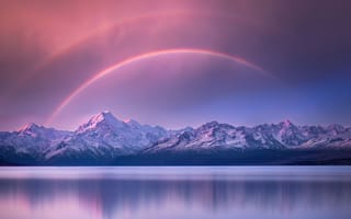 Картинка горы, озеро, радуга, закат, природа, пейзаж, снег