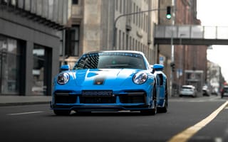 Картинка автомобиль, спорткар, синий, дорога, город, Porsche, дизайн
