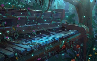 Картинка фортепиано, пианино, музыка, лес, ночь, рисованные, арт