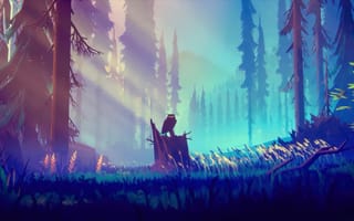 Картинка лес, деревья, дерево, природа, рисованные, арт, сосна, елка, сова, филин, птица, ночь