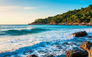 Картинка море, пейзаж, природа, пляж, волны, скалы, лес