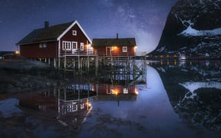 Картинка Норвегия, природа, гора, озеро, пруд, вода, ночь, темнота, темный, отражение