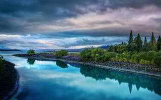 Картинка Текапо, Новая Зеландия, природа, вода, озеро, пруд, вечер, сумерки