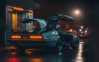 Картинка DeLorean, Назад в будущее, машины, машина, тачки, авто, автомобиль, транспорт, ночь, арт, фара