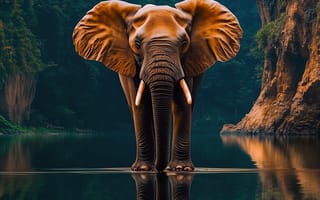 Картинка слон, природа, водоем, горы, отражение, пейзаж, животные