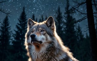 Картинка волк, ночное небо, звезды, лес, природа, животные, луна