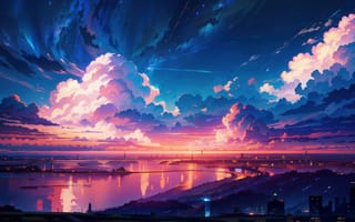 Картинка рисованные, арт, город, здания, озеро, пруд, вода, небо, облака, туча, облако, тучи, вечер, закат, заход, рисунок