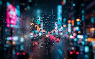 Картинка город, ночь, дождь, огни, размытость, стекло, неон, улица, трафик, атмосфера