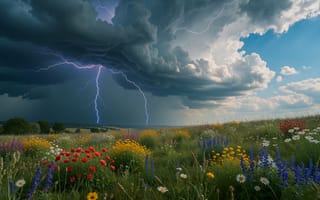 Картинка гром, молния, пейзаж, цветы, небо, шторм, природа, лето, облака, яркие цвета