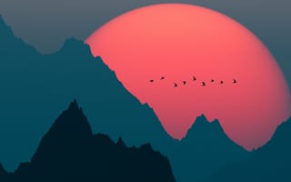 Картинка горы, гора, природа, скала, птица, птицы, стая, вечер, сумерки, закат, заход, солнце