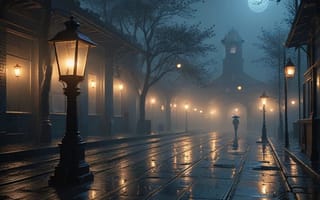 Картинка город, города, здания, улица, фонарь, свет, свечение, ночь, луна