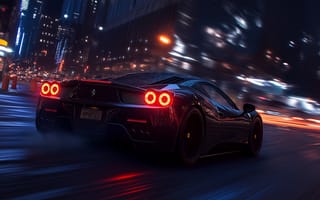 Картинка Ferrari, Феррари, люкс, дорогая, машины, машина, тачки, авто, автомобиль, транспорт, вид сзади, сзади, спорткар, спортивный, город, здания, дорога, скорость, быстрый, AI Art, ИИ арт, цифровое, арт, сгенерированный, AI, ИИ
