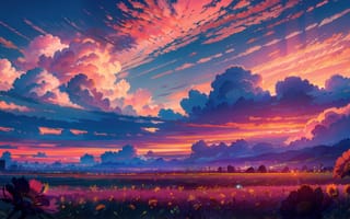 Картинка рисованные, арт, поле, луг, живопись, aрт, рисунок, облака, туча, облако, тучи, небо, вечер, закат, заход