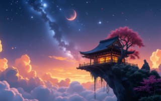 Картинка пейзаж, закат, дом, облака, природа, космос, дерево