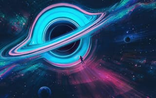 Картинка космос, планета, кольцо, туманность, космонавт, астронавт, арт, рисунок