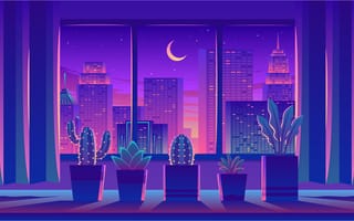 Картинка кактус, горшок, окно, город, ночь, рисованные, арт
