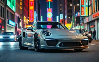 Картинка автомобиль, Порше, ночной город, свет, технологии, спорткар, урбанистический