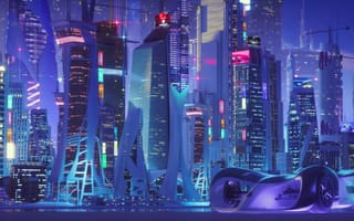 Картинка город, будущее, неон, технологии, автомобиль, архитектура, ночь, свет, футуризм, метрополия