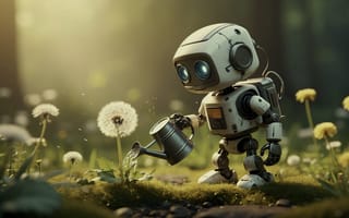 Картинка робот, цветы, полив, природа, долина, свет, весна