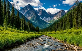 Картинка природа, горы, река, лес, пейзаж, небо, зелень, водопад, отдых, красота