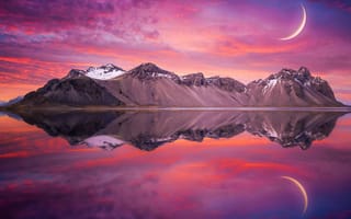 Картинка горы, озеро, закат, луна, природа, пейзаж, отражение