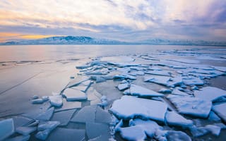 Картинка лед, озеро, горы, природа, зима, пейзаж, небо