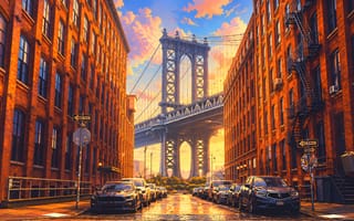 Картинка мост, город, закат, улица, архитектура, автомобили, кирпич