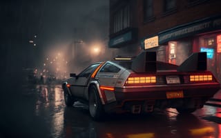Картинка DeLorean, Назад в будущее, машины, машина, тачки, авто, автомобиль, транспорт, арт, ночь, темный, темнота, свечение