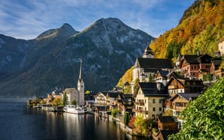 Картинка природа, горы, озеро, осень, архитектура, пейзаж, деревня, европа, спокойствие, живописный