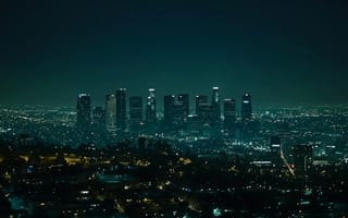 Картинка Лос-Анджелес, Калифорния, США, город, города, здания, здание, небоскреб, высокий, современный, ночь, темный, темнота, ночной город, огни, подсветка