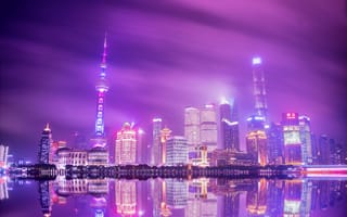 Картинка Шанхай, Китай, город, города, здания, Восточная жемчужина, телебашня, башня, небоскреб, современный, здание, ночь, темнота, ночной город, огни, подсветка, отражение
