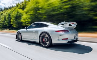 Картинка Porsche 911 GT3, Porsche 911, Porsche, Порше, современная, машины, машина, тачки, авто, автомобиль, транспорт, вид сзади, сзади, скорость, быстрый, дорога, белый