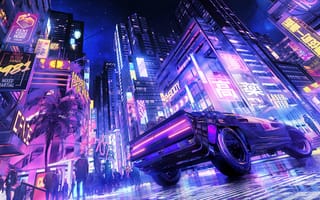 Картинка Cyberpunk, машины, машина, тачки, авто, автомобиль, транспорт, вид сзади, сзади, город, здания, дома, свечение