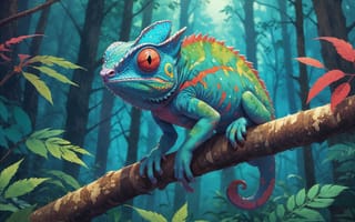 Картинка хамелеон, лес, природа, животное, цветной, фантазия, графика