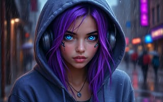 Картинка девушка, пурпурные волосы, наушники, город, дождь, портрет, модерн