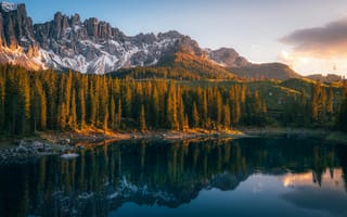 Картинка природа, горы, озеро, лес, пейзаж, закат, отражение