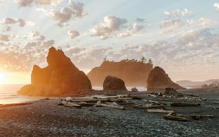 Картинка пейзаж, море, закат, скалы, облака, природа, пляж