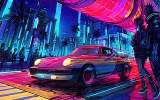 Картинка машина, неон, город, пейзаж, футуризм, ночь, технологии, пальмы, арт, графика